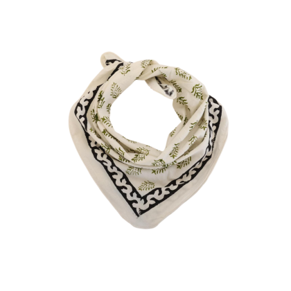 Ivory Green Botanical Black Border Bandana Scarf