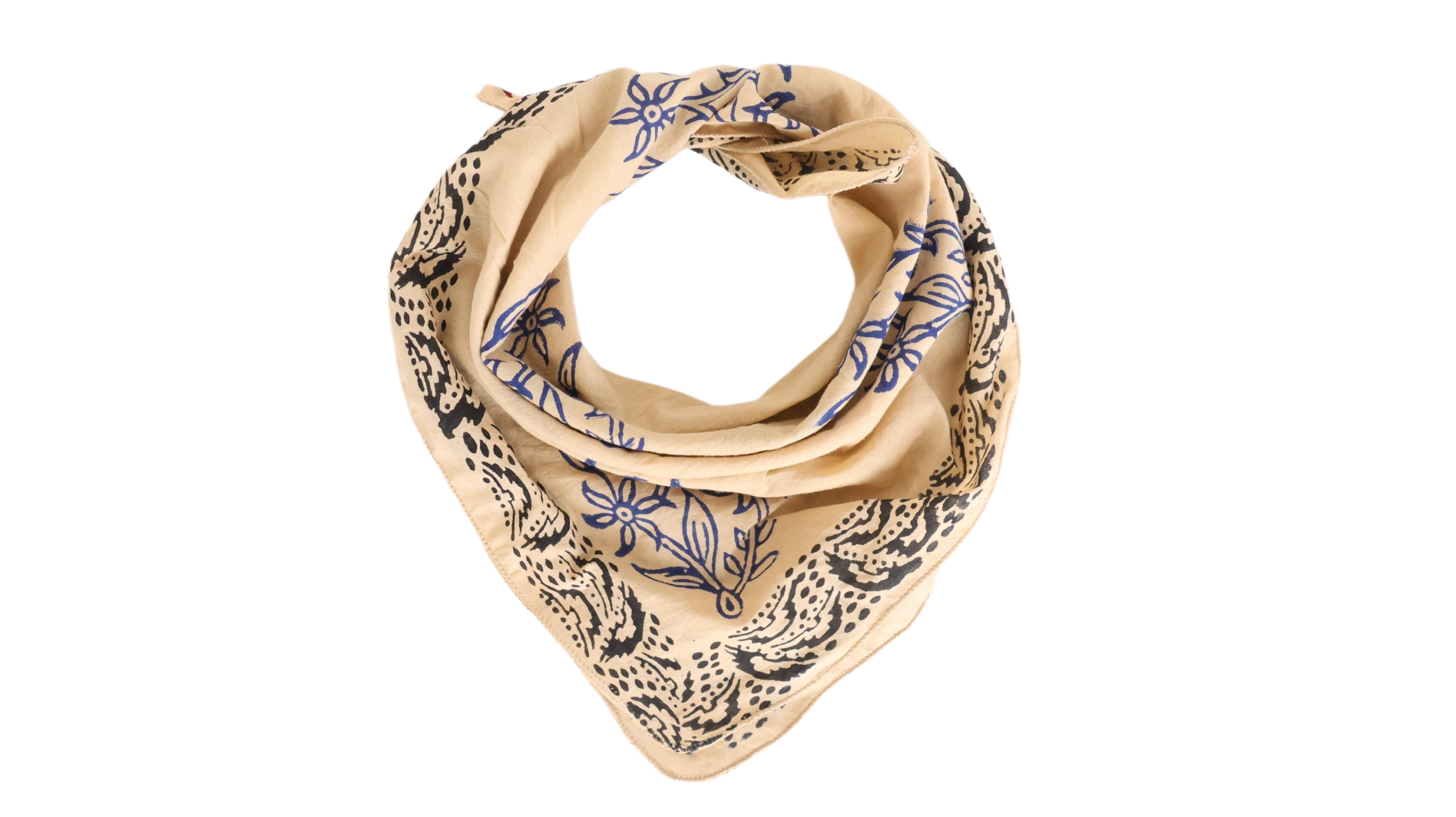 Beige Blue Floral & Black Paisley Bandana Scarf