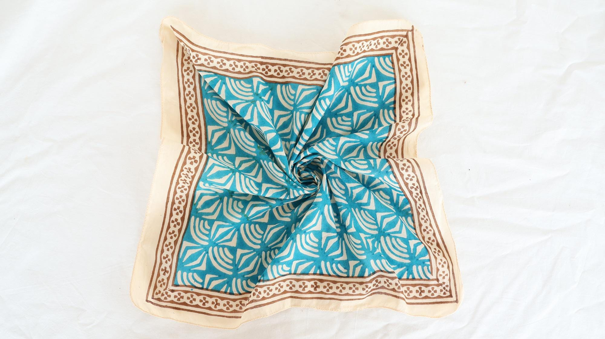 Turquoise Blue Wave Brown Floral Border Bandana Scarf - Image 4