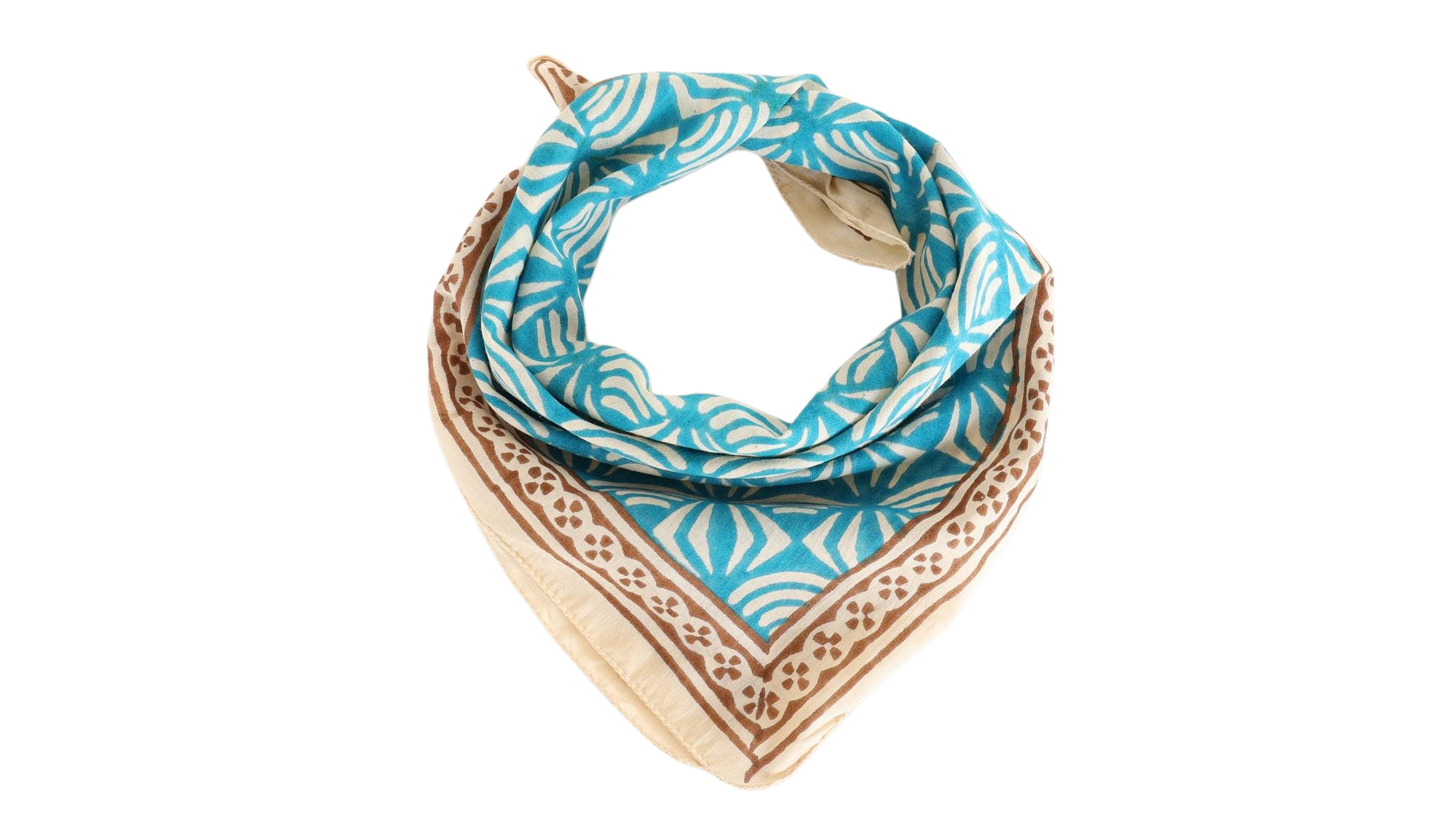 Turquoise Blue Wave Brown Floral Border Bandana Scarf