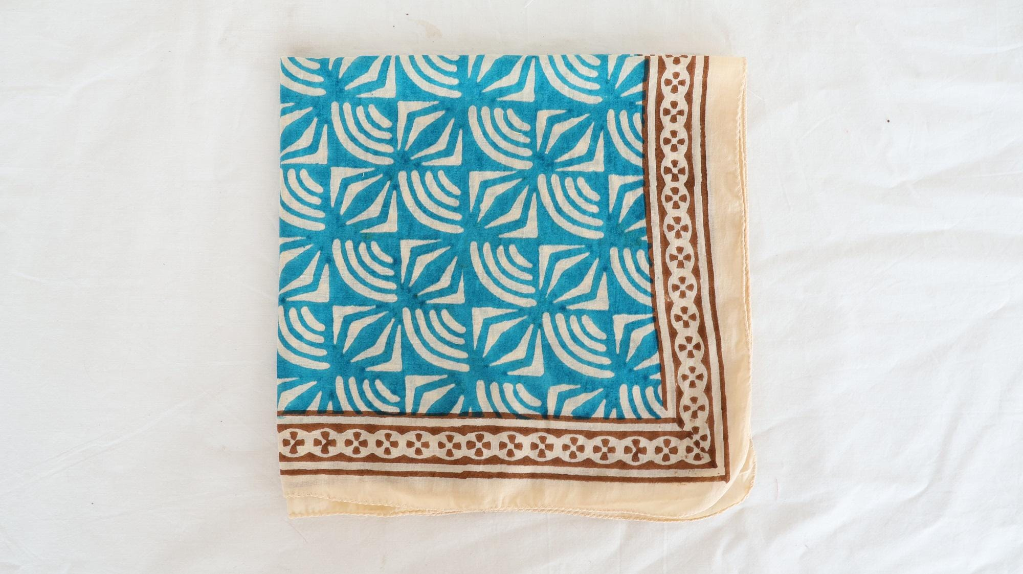 Turquoise Blue Wave Brown Floral Border Bandana Scarf - Image 6