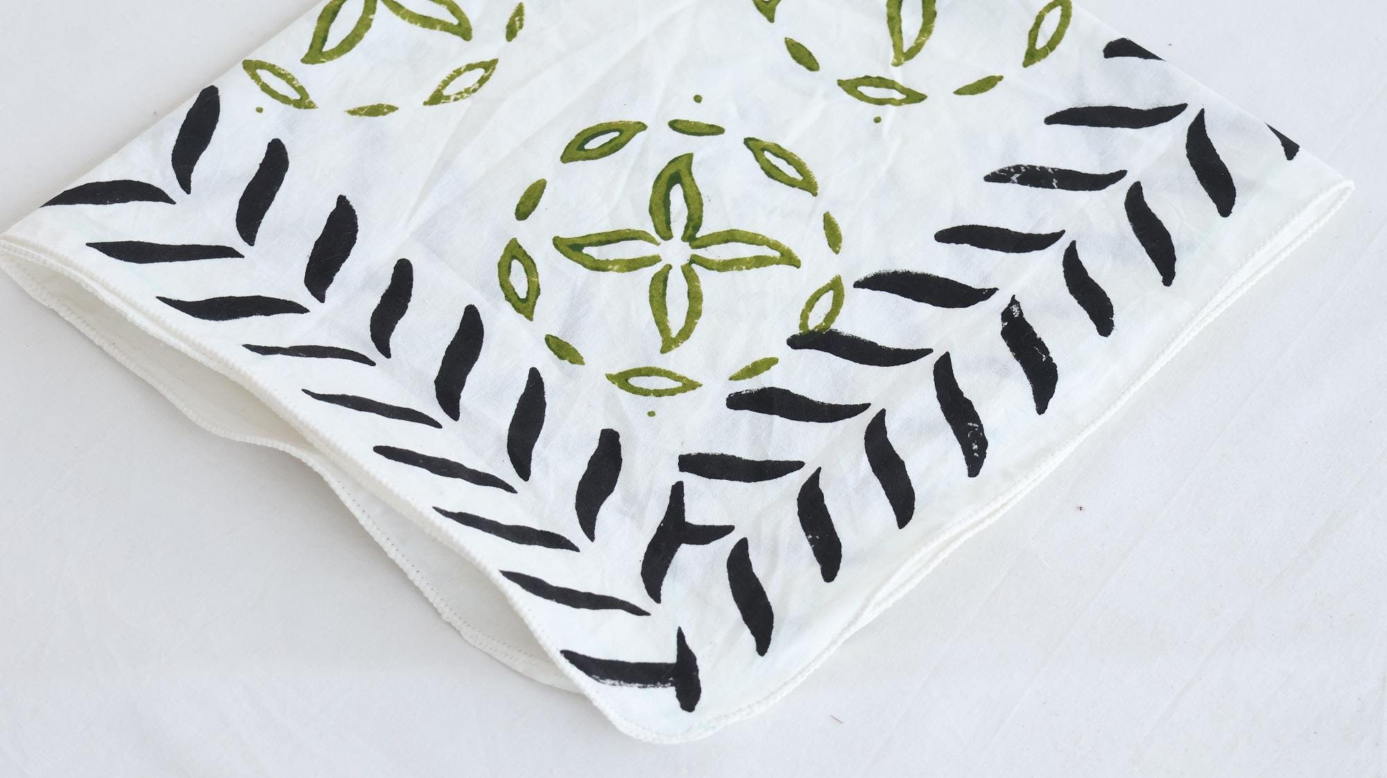 Olive Green Botanical Black Leaf Bandana Scarf - Image 3