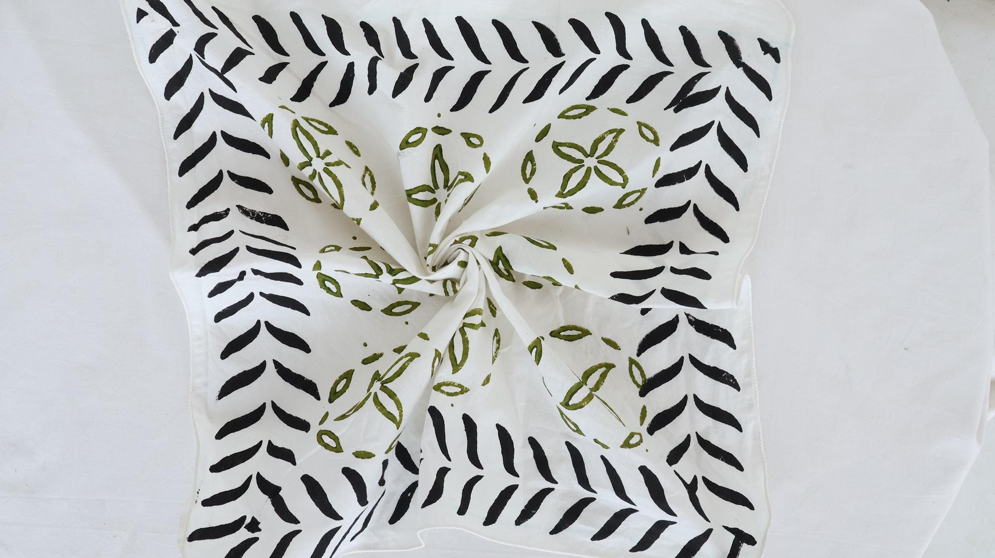 Olive Green Botanical Black Leaf Bandana Scarf - Image 4