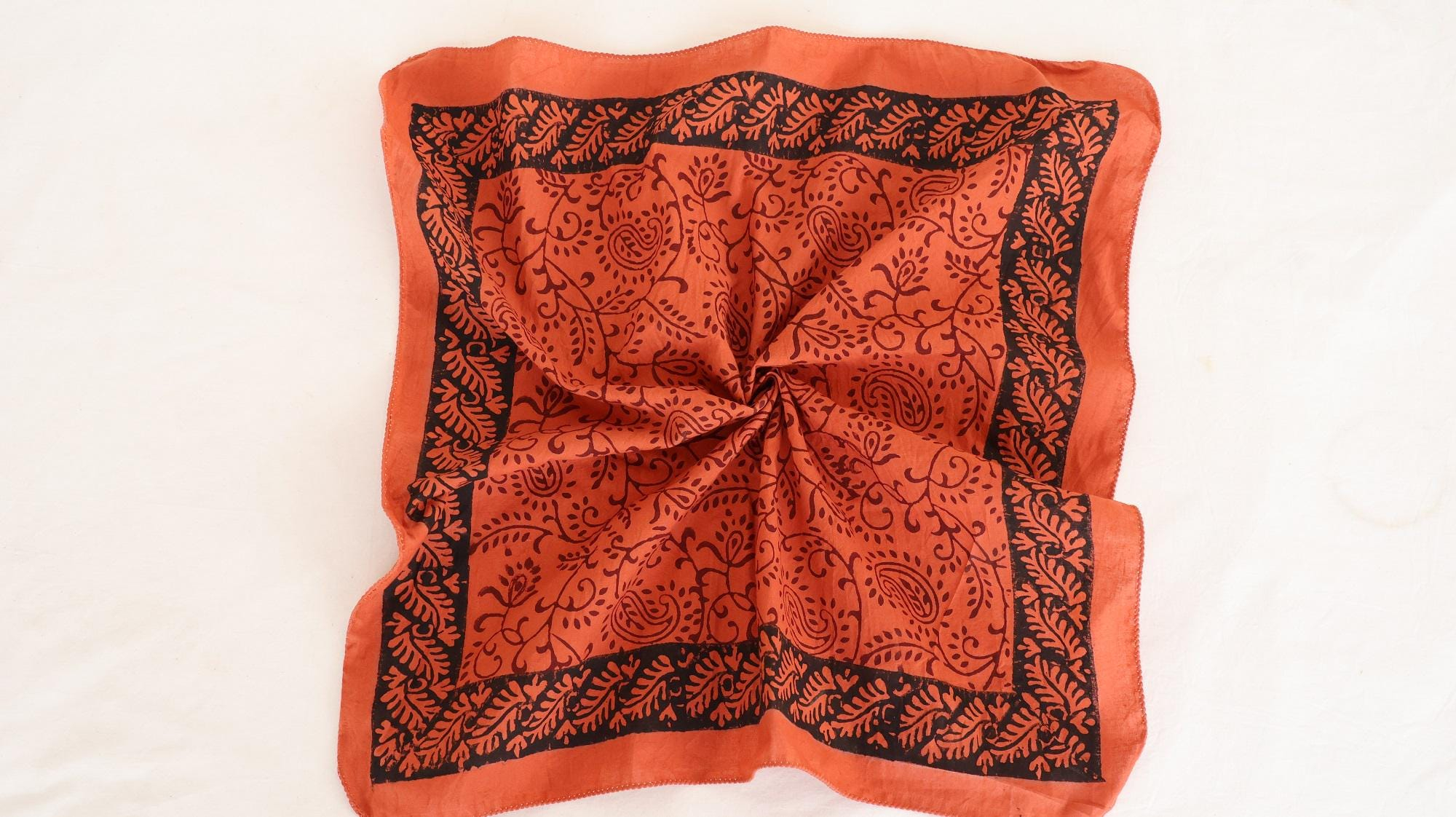 Burnt Orange Black Botanical Paisley Bandana Scarf - Image 2