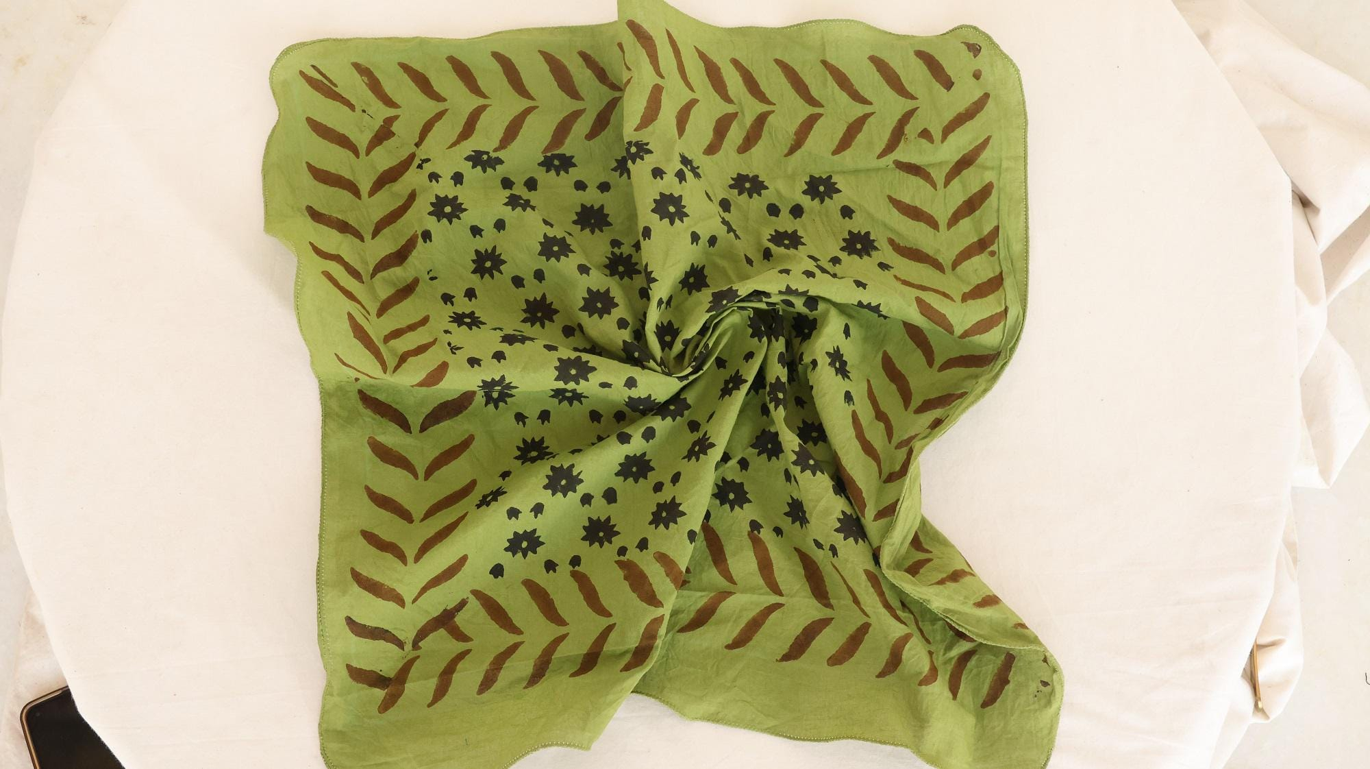 Olive Green Botanical Leaf & Floral Bandana Scarf - Image 6