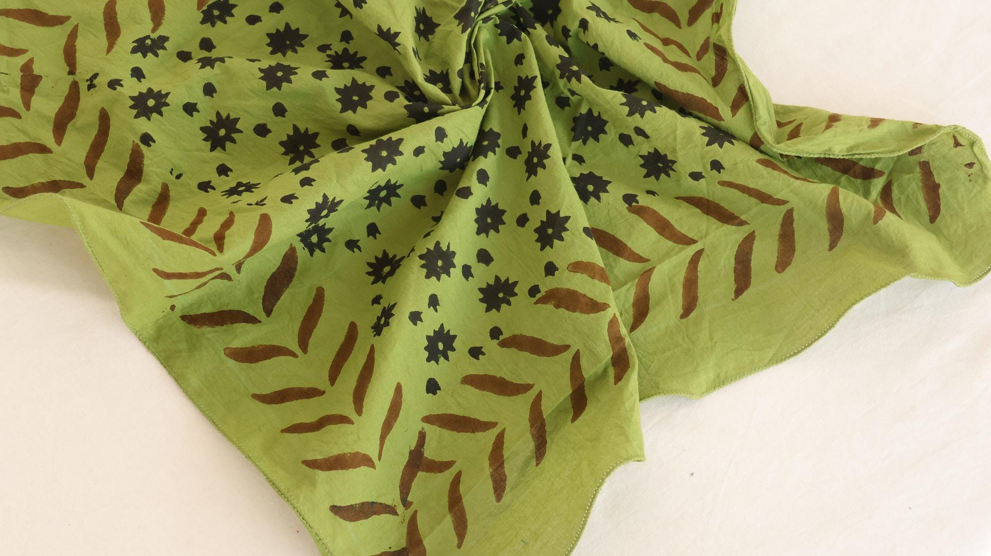 Olive Green Botanical Leaf & Floral Bandana Scarf - Image 2