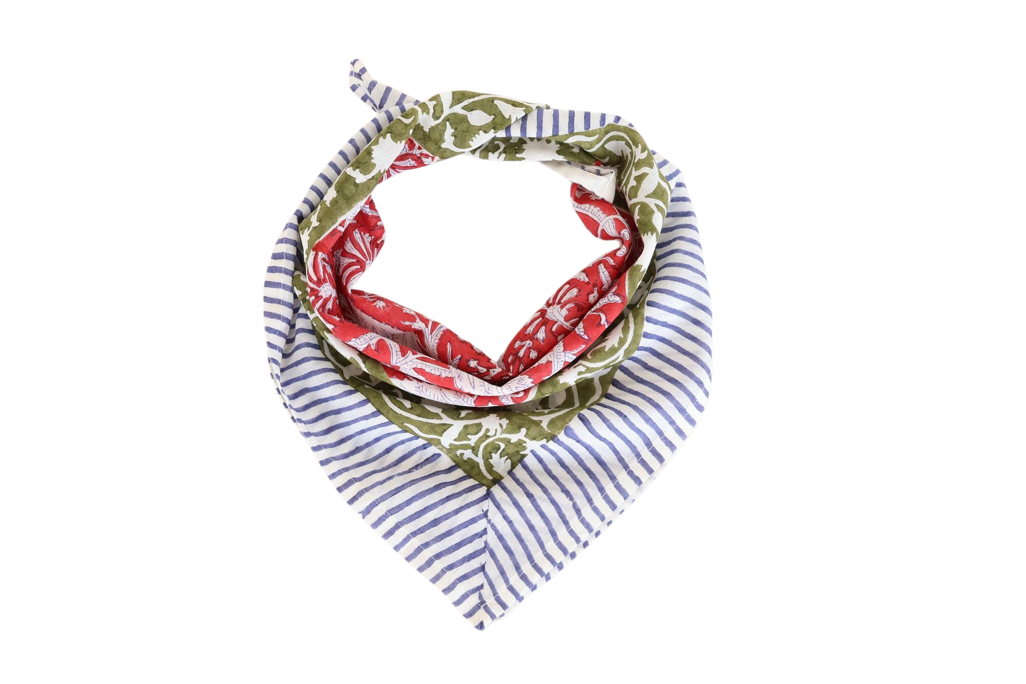 Red Floral Olive Green & Blue Stripe Bandana Scarf