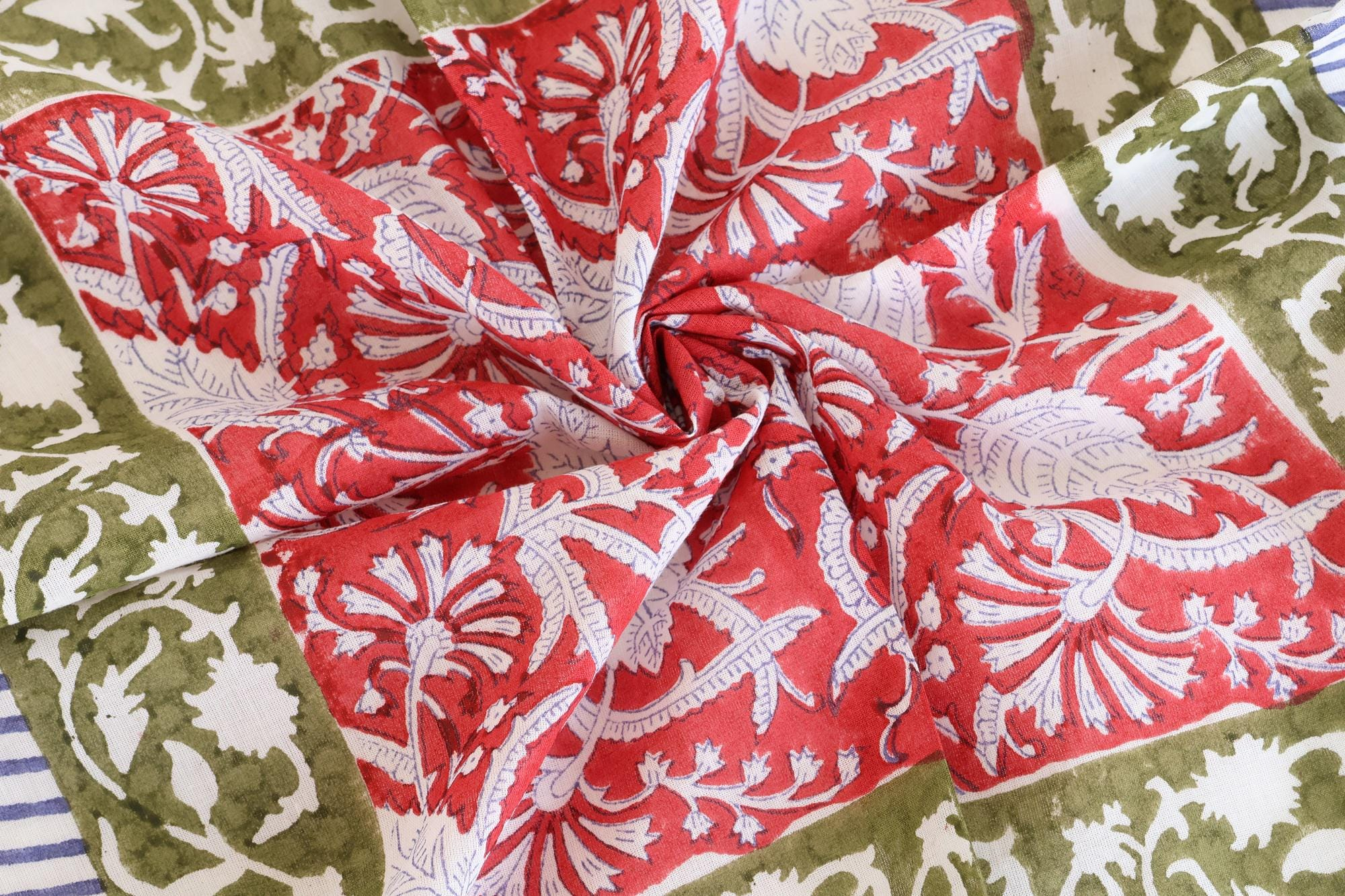 Red Floral Olive Green & Blue Stripe Bandana Scarf - Image 2