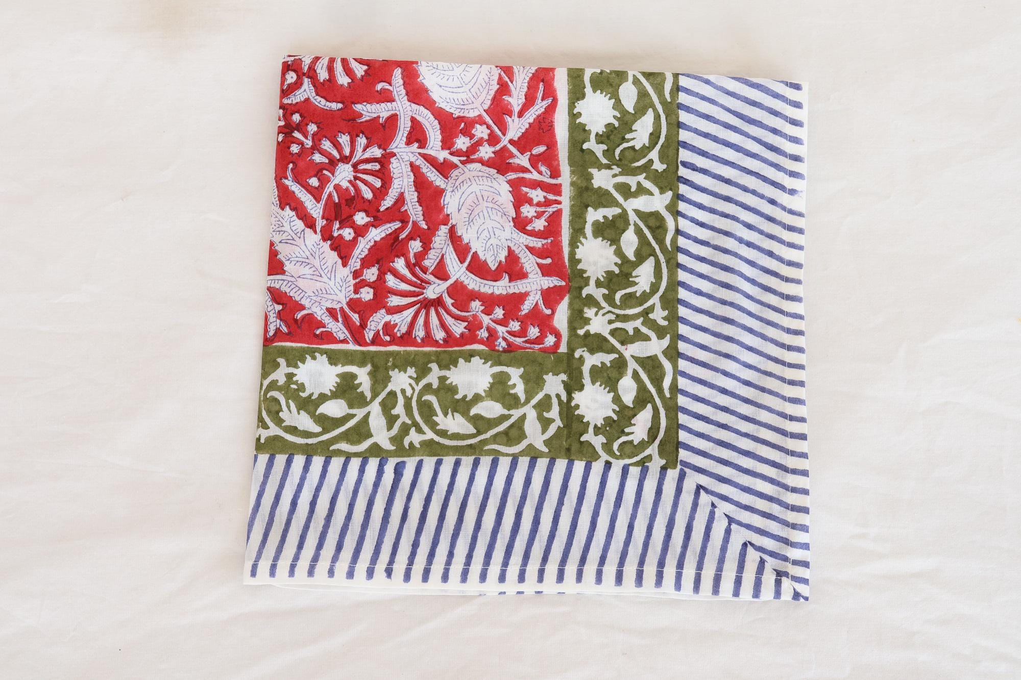 Red Floral Olive Green & Blue Stripe Bandana Scarf - Image 3