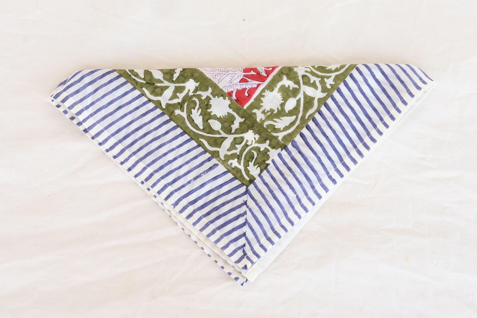 Red Floral Olive Green & Blue Stripe Bandana Scarf - Image 5