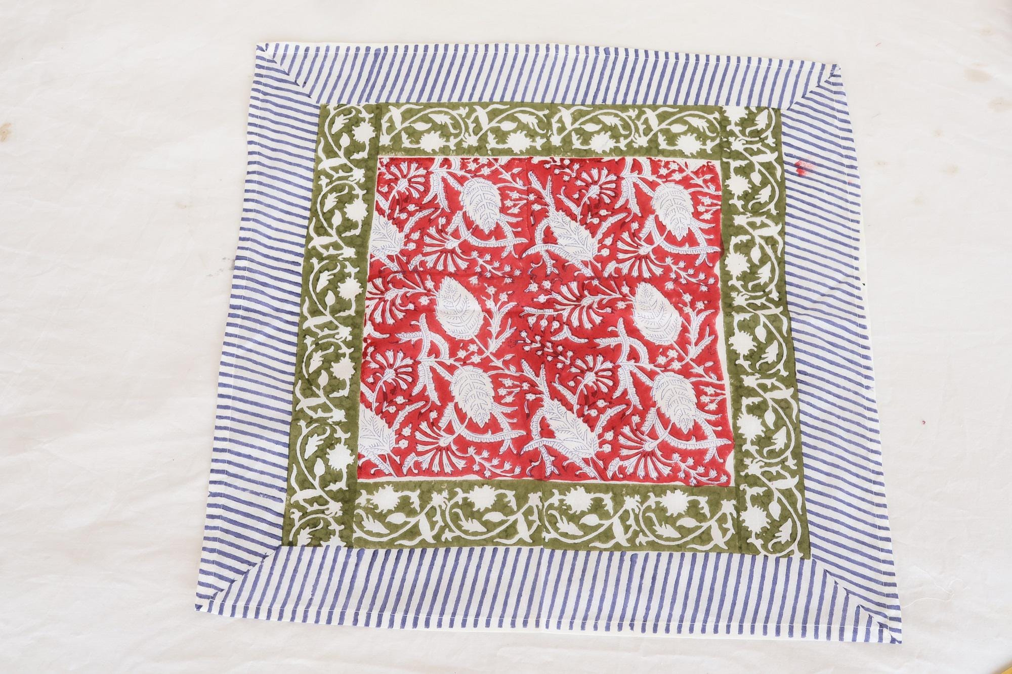 Red Floral Olive Green & Blue Stripe Bandana Scarf - Image 4